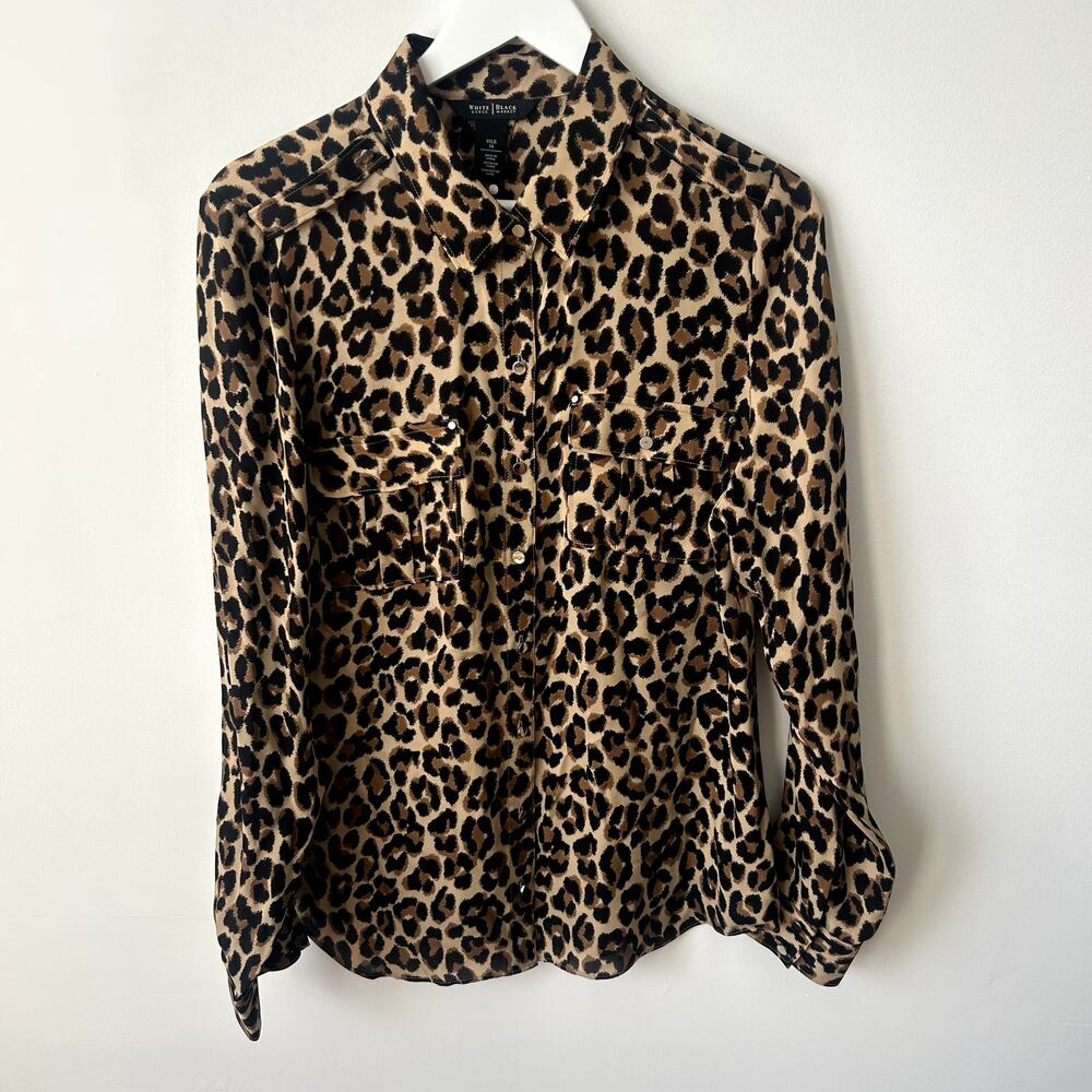White House Black Market 100% Silk Blouse Size 14 Leopard Animal Print Button Up